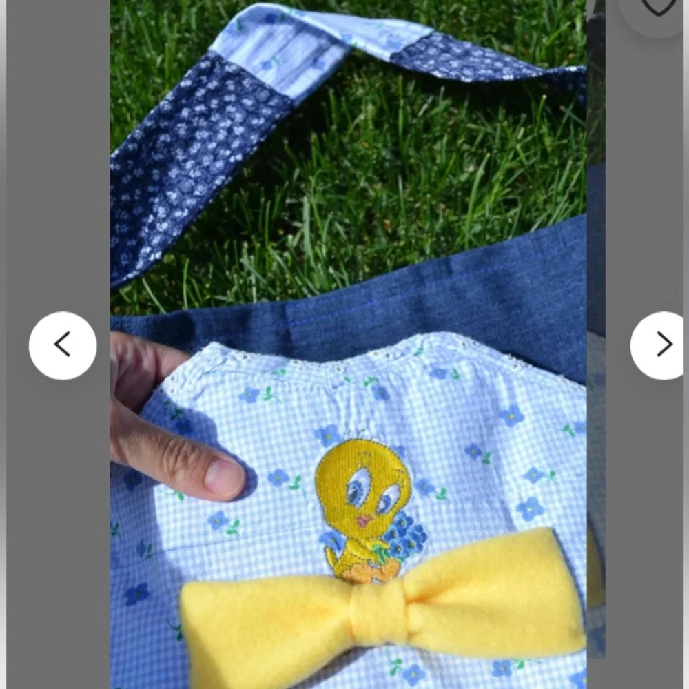Tweety bird character handmade cotton blue tote bow denim up-cycled shoulder bag